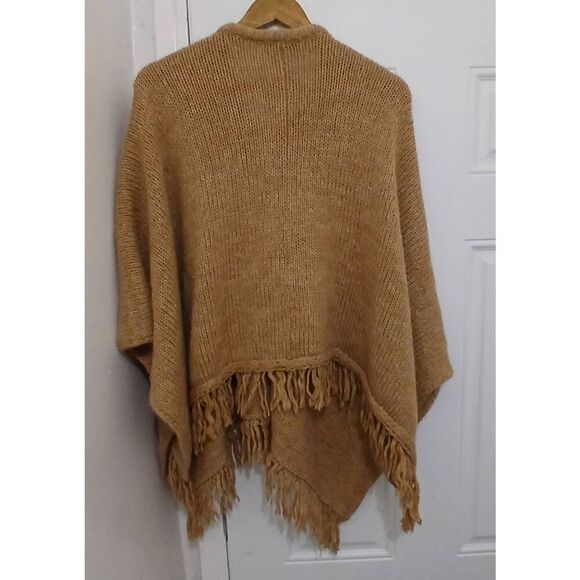 Strenesse womens large wool mohair camel brown fringe poncho sweater tan Italian - Picture 4 of 7